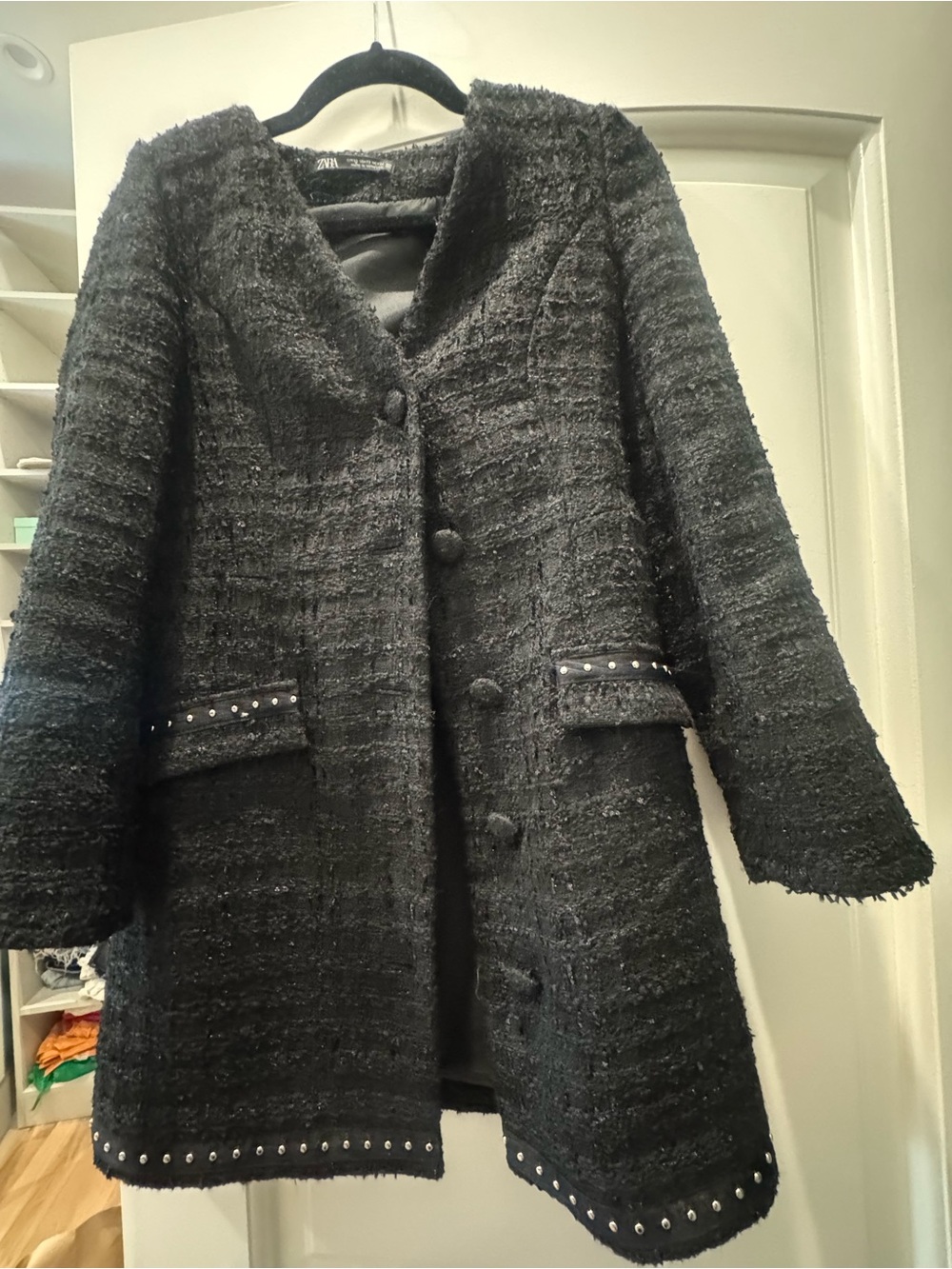 Zara Black Textured Bouclé Coat with Studded Trim size XS